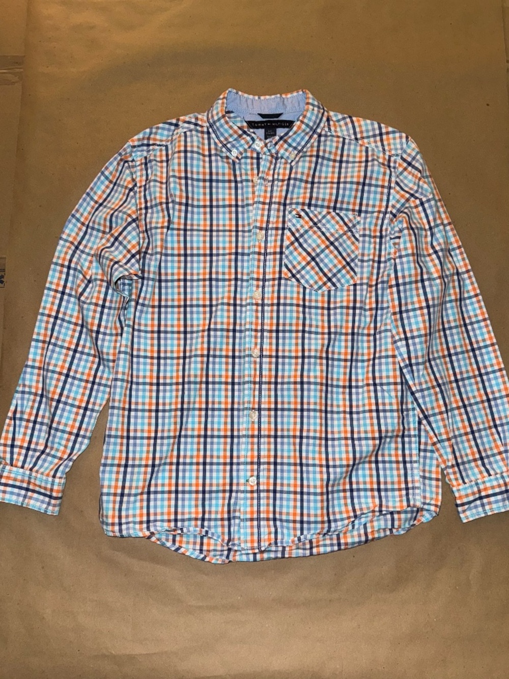 Tommy Hilfiger Button Down Boys Large Blue Plaid Shirt Button Up Long Sleeve